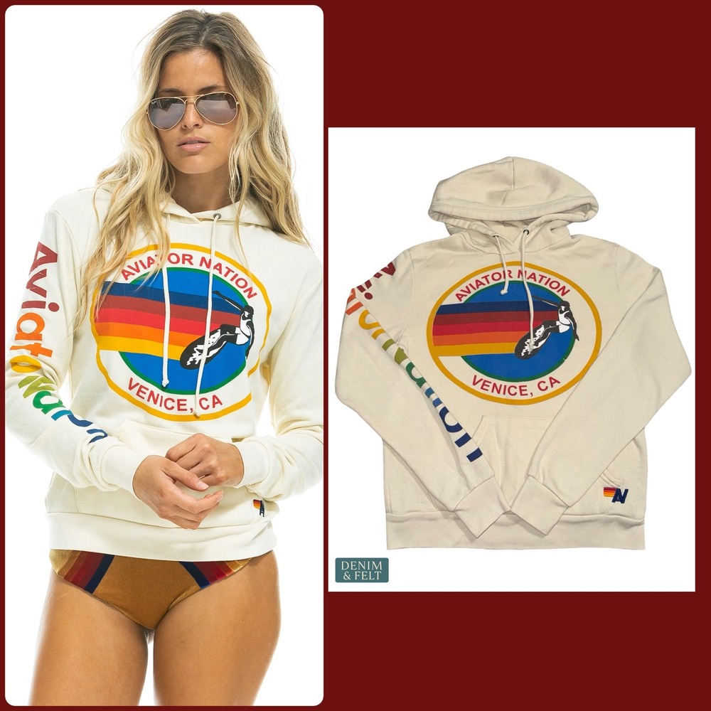 Aviator Nation Venice California Rainbow Surf Logo Pullover Hoodie Cream Retro
